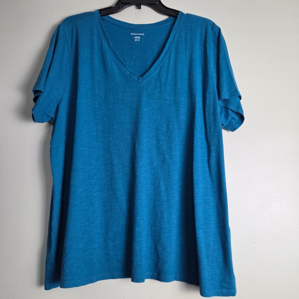 Eileen Fisher Blue 100% Organic Cotton V-Neck Short Sleeve T-Shirt Plus Size 1X
